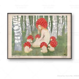 Mother Mushroom with her children Vintage art print Poster Mushroom wall art Woodland decor Antique forest Canvas Print Painting