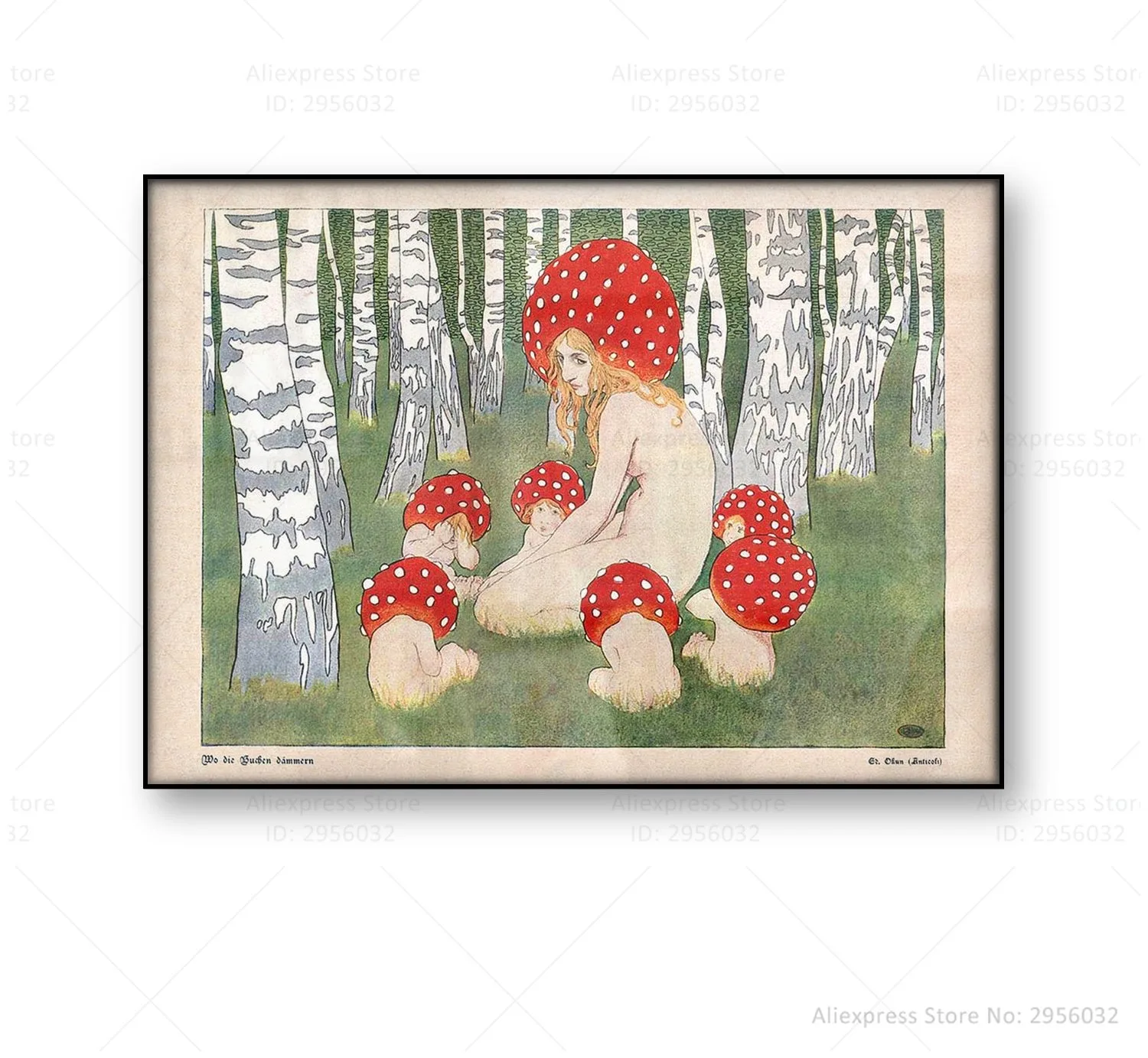 Mother Mushroom with her children Vintage art print Poster Mushroom wall art Woodland decor Antique forest Canvas Print Painting