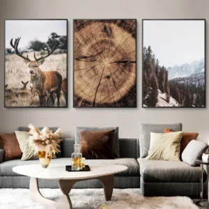 Mountain Landscape Animal Deer Picture Nature Wood Growth Ring Scandinavian Poster Nordic Wall Art Canvas Painting Home Decor
