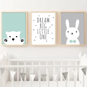 NDITB Kawaii Bear Rabbit Canvas Art Posters Woodland Animal Cartoon Nursery Prints Painting Wall Picture Baby Room Decoration