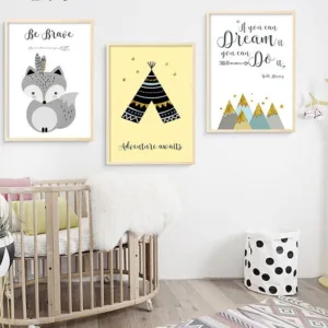 Tribe Woodland Animal Fox Feather Canvas Art Poster Nursery Print Cartoon Tent Wall Picture for Kids Living Room Decor