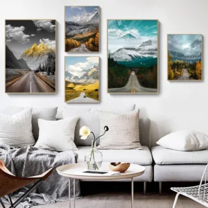 Nature Scenery Nordic Canvas Painting Wall Art Mountain Forest Road Landscape Print and Poster for Bedroom Home Backdrop Decor