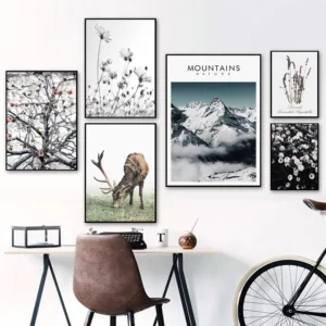 Nature Wall Art Landscape Canvas Poster Nordic Snow Mountain Print Painting Scandinavian Deer Flower Picture Home Decor