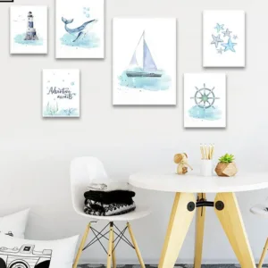 Nautical Sea Nursery Child Poster Whale Ship Canvas Wall Art Print Painting Nordic Kid Decoration Picture Baby Bedroom Decor