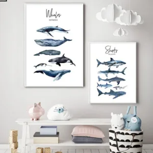 Nautical Sea Nursery Painting Whale Shark Canvas Poster Animal Art Print Education Wall Picture Nordic Kid Baby Bedroom Decor