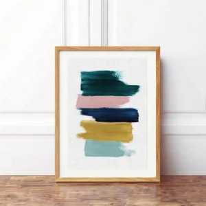 Navy Blue Brush Strokes Abstract Painting Print Contemporary Wall Art Canvas Print Featuring Teal Mustard Pink Poster Wall Decor