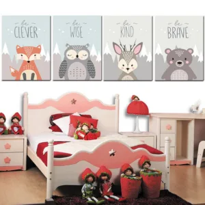Nordic Art Animal Lion Fox Bear Minimalism Poster Painting Cartoon Nursery Wall Picture Print Baby Kids Room Decoration Brave