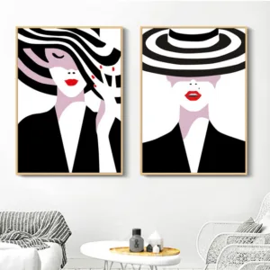 Nordic Canvas Painting Black White Vogue Girl Hat Lips Posters and Prints Modern Home Decoration Bedroom Art Wall Pictures