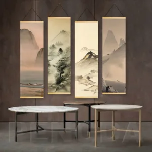 Nordic Canvas Printed Poster Wall Hanging with Scroll Painting Landscape Painting with Ink and Water Art for Living Room