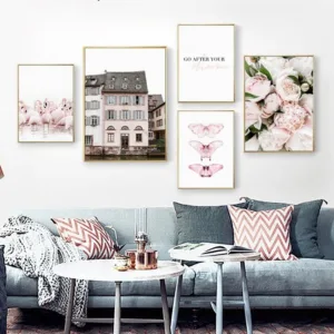 Nordic Decor Pink Peony Butterfly Flamingo Canvas Poster And Print Wall Art Pictures For Salon Living Room Decoration