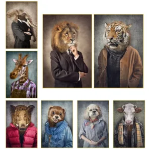 Nordic Home Decor Lion And Tiger In Suit Canvas Painting Posters And Prints Funny Animal Wall Art Picture For Living Room