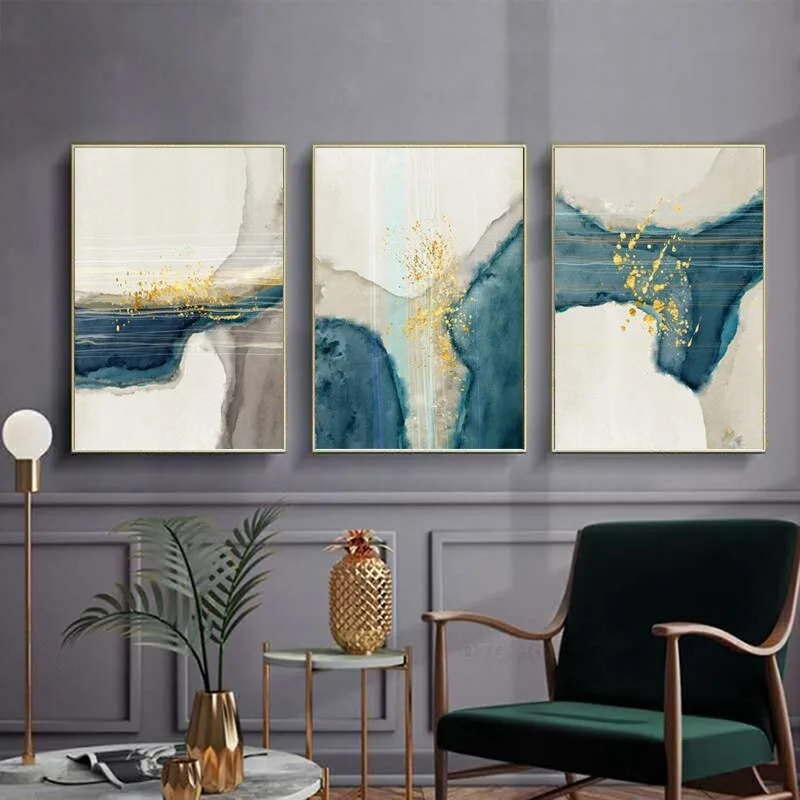 Nordic Minimalistic Abstract Watercolor With Gold Foil Art Print Canvas Painting Poster Mural For Modern Home Living Room Decor