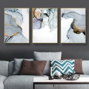 Nordic Morden Abstract Blue-gray Line Wall Art Canvas Painting Golden Blue Smoke Art Poster Print Wall Picture for Living Room