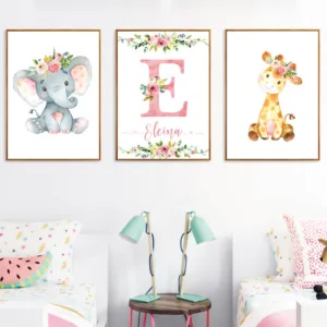 Nordic Poster Custom Name Posters And Prints Flowers Elephant Nursery Canvas Painting Wall Art Pictures For Baby Girl Room Decor