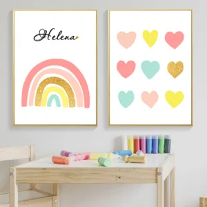 Nordic Poster Nursery Canvas Painting Watercolor Rainbow Custom Name Print Pink Heart Poster Baby Kids Room Picture Wall Decor