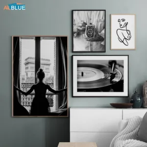Nordic Poster Vintage Girl Glove Vinyl Records Wall Art Canvas Painting Black And White Print Abstract Decoration Picture Decor