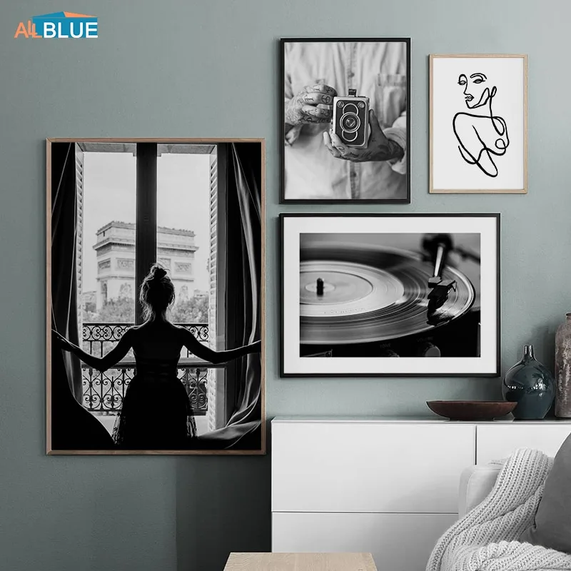 Nordic Poster Vintage Girl Glove Vinyl Records Wall Art Canvas Painting Black And White Print Abstract Decoration Picture Dec