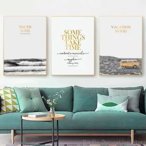 Nordic Poster Yellow Car Moon Landscape Black And White Sea Posters And Prints Gold Letter Abstract Painting Wall Room Unframed