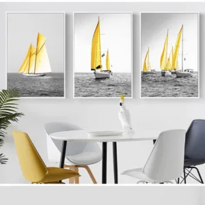 Nordic Posters and Prints Yellow Golden Sailboat Canvas Painting Seascapes Wall Pictures for Living Room Office Decorative 4-35