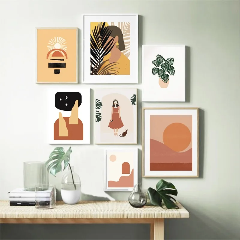 Nordic Prints Abstract Girl Plant Leaf Vintage Poster Minimalist Wall Art Canvas Painting Wall Pictures for Living Room Decor