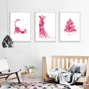 Nordic Style Pink Vogue Dress Poster Prints Canvas Art Roses Petals Painting Bedroom Wall Cat Christmas Tree Pictures Home Decor