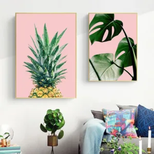 Nordic Tropical Poster Wall Art Palm Leaves Pineapple Canvas Painting Pink and Green Fresh Pictures for Living Room Wall Decor