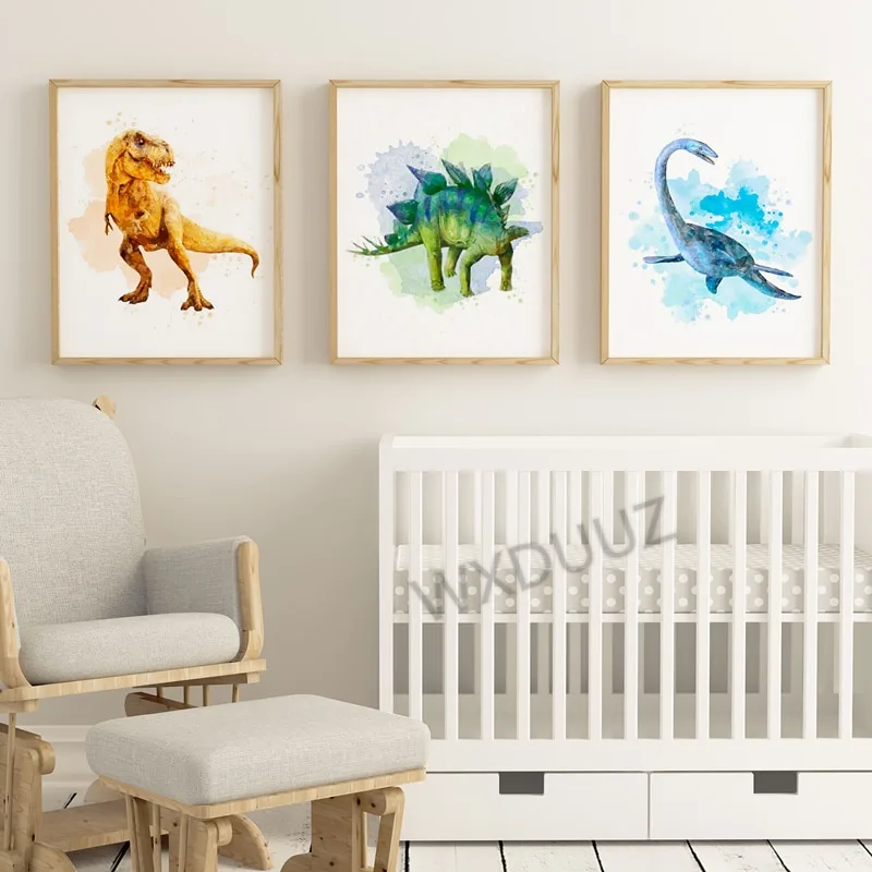 Nordic style watercolor art deco animal Tyrannosaurus dinosaur poster mural for children's room decoration canvas painting K502