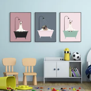 Nursery Wall Art Canvas Poster Minimalist Bath Animal Pink Cartoon Painting Decoration Picture Nordic Baby Girl Room Decor