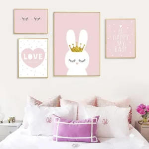 Nursery Wall Art Canvas Poster Minimalist Crown Bunny Print Pink Cartoon Painting Decoration Picture Nordic Baby Girl Room Decor
