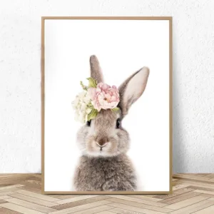 Nursery Wall Art Girls Bedroom Decor Bunny Rabbit Print Animal Watercolour Flower Pink Rose Canvas Painting Kids Room Decoration