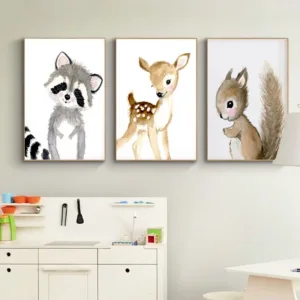 Nursery Woodland Wall Art  Rabbit Deer Canvas Painting Baby Animal Posters and Prints Neutral Squirrel Pictures for Living Room