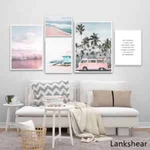 Ocean Landscape Canvas Poster Nordic Style Beach Pink Bus Wall Art Print Painting Decoration Picture Scandinavian Home Decor