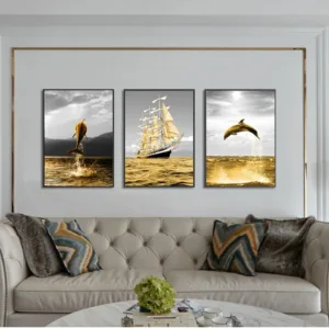 Ocean Landscape Sailing Boat Golden Ocean Life Dolphin Wall Art Canvas Posters and Prints  Wall Art Picture for Living Room 2-42