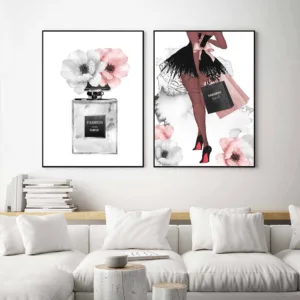 Perfume Bottle Art Painting Fashion Wall Art Canvas Print Peony Flower Poster Vogue Wall Pictures For Girl Room Home Decor