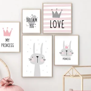 Pink Cartoon Nursery Girl Wall Picture Poster Print Rabbit Crown Baby Room Modern Canvas Painting Kids Children Wall Art Mural