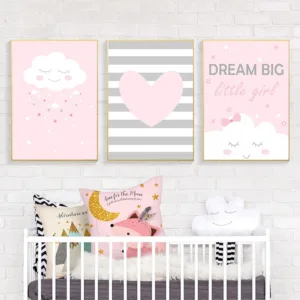Pink Clouds Painting Kids Wall Prints Nordic Poster Dream Big Heart Nursery Painting Baby Room Posters And Print Wall Picture
