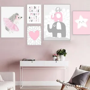 Pink Dancing Hedgehog Cartoon Child Poster Elephant Nursery Quotes Art Canvas Print Wall Painting Nordic Baby Girl Room Decor