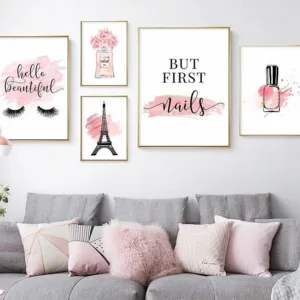 Pink Flower Perfume Nail Polish Fashion Poster Eyelash Makeup Print Canvas Art Painting Wall Picture Modern Girl Room Decor