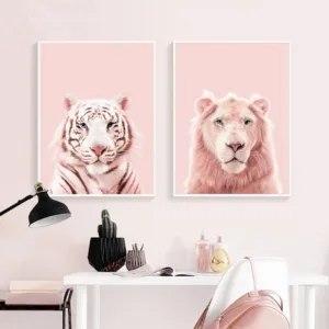 Pink Panther Prints Lion Tiger Art Poster Nursery Wild Animals Blush Pink Pastel Wall Art Canvas Painting Kids Room Wall Decor