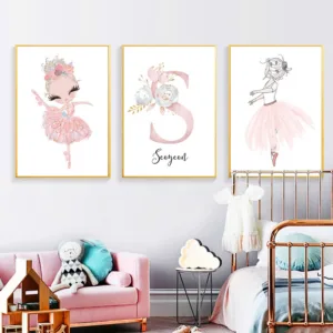 Pink Unicorn Poster Flower Ballet Girl Custom Name Wall Art Poster Nursery Canvas Print Painting Nordic Picture Baby Room Decor