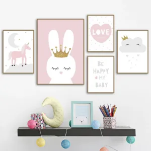 Pink Unicorn Poster Rabbit Crown Wall Art Canvas Painting Cartoon Moon Star Art Print Nursery Wall Pictures For Girls Room Decor