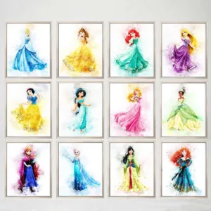 Princess watercolor canvas painting kindergarten wall art poster Nursery Kids Room girl bedroom decoration picture O8