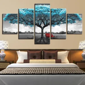 Prints Decor Paintings Framework Living Room Abstract 5 Pieces Blue Big Tree Red Chair Pictures Landscape Wall Art Canvas Poster
