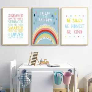 Rainbow Print Cute Quotes Canvas Painting Nursery Wall Art Scandi Kids Posters Baby Girls Room Decorative Wall Pictures Unframed