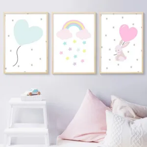 Rainbow Rabbit Heart Wall Art Canvas Painting Nursery Poster Minimalist Print Nordic Kids Decoration Picture Baby Bedroom Decor