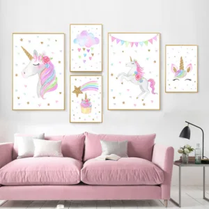 Rainbow Unicorn Wall Art Prints Baby Nursery Poster Cute Canvas Painting Nordic Decoration Picture Children Kids Bedroom Decor