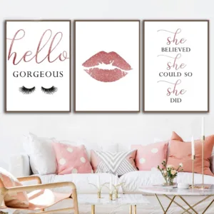 Rose Gold Lash Lips Print Makeup Poster Hello Gorgeous Sign Fashion Wall Art Canvas Painting Girls Gift Luxury Decor Pictures