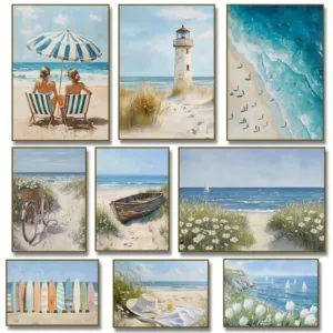 Coastal Ocean Beach Lighthouse Tulip Sailboat Surfboard Poster Canvas Painting Print Wall Art Picture for Living Room Home Decor