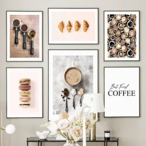Coffee Bean Macaron Cake Croissant Wall Art Canvas Painting Nordic Posters & Prints Wall Pictures For Kitchen Dessert Shop Decor