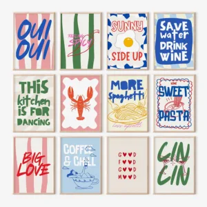 Colorful Kitchen Prints Maximalist Trendy Wall Art for Dining Room & Apartment Pictures Cute Food Egg Wine Pasta Coffee Decor